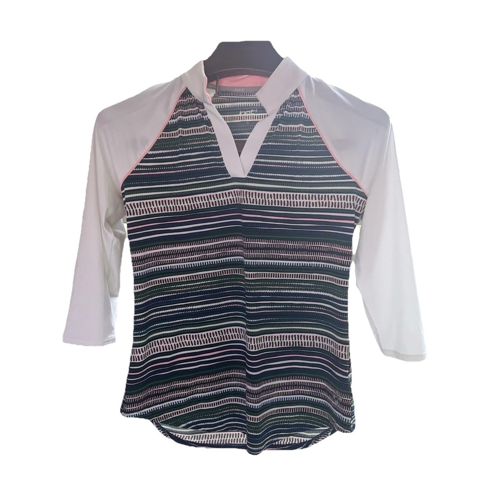 Jofit‎ Small Henley Jersey Top Pink Stripe Golf Pickleball Stretchy Performance